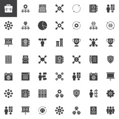 Corporate vector icons set, modern solid symbol collection, filled style pictogram pack. Signs, logo illustration. Set includes icons as Briefcase, Hierarchical structure, Analytics, Org chart