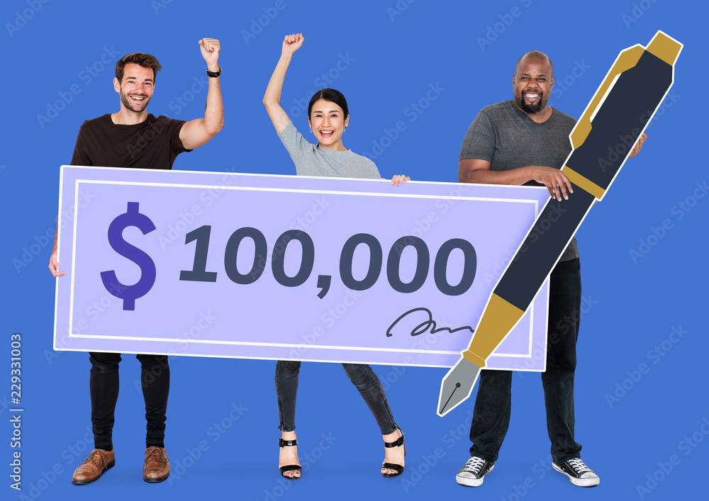 People holding a 100,000 dollar cheque Stock Photo | Adobe Stock