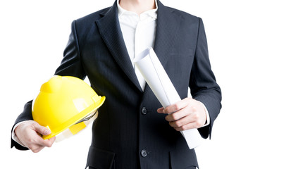 Engineering holding safety helmet on isolated white background.