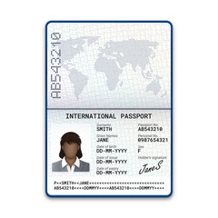 International female passport template with photo of a black woman, signature and other personal data. Vector illustration