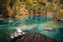 Autumn Time At Romantic Forest Lake Blausee, Switzerland.