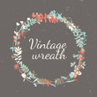 © kirasolly - Vintage wreath in natural plant, flowers and leaves. Realistic leaf in round circle form. Invitation and greetings frame and template with natural retro flowers and herbs
