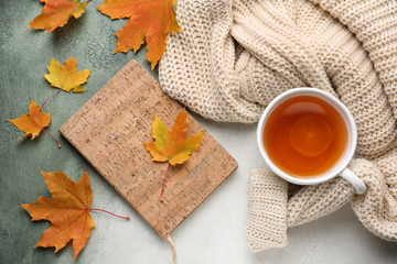 Composition with cup of aromatic tea, warm sweater, book and autumn leaves on color background