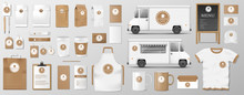 Mockup Set For Coffee Shop, Cafe Or Restaurant. Coffee Food Package For Corporate Identity Design. Realistic Set Of Cardboard, Food Delivery Truck, Cup, Pack, Shirt, Menu