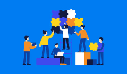 Vector illustration in simple flat style - teamwork and development concept - people holding  puzzle pieces