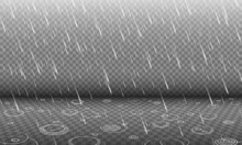 Rain with water ripples 3D effect isolated on transparency background, autumn rainfall, realistic heavy rain foreground with blurred drops and circle waves, rain design template or element
