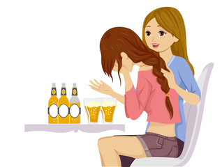 Sticker - Teen Girls Drinking Problem Cry Illustration