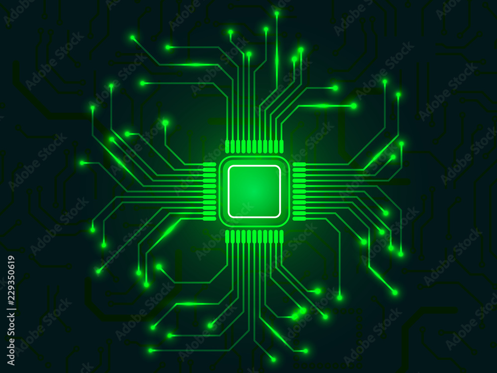 CPU chip with bright connections. Green microprocessor. Abstract light ...
