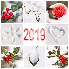 Wall Mural - 2019, snow and winter red and white nature photos collage