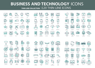 Business and marketing, programming, data management, internet connection, social network, computing, information. Thin line blue icons set. Flat vector illustration
