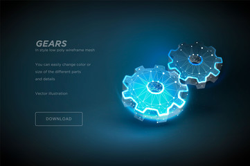 Gears. Polygonal wireframe art on black backgraund. Concept interaction or Engine work or technology. Polygonal illustration with connected dots and polygon lines. 3D vector wireframe mesh