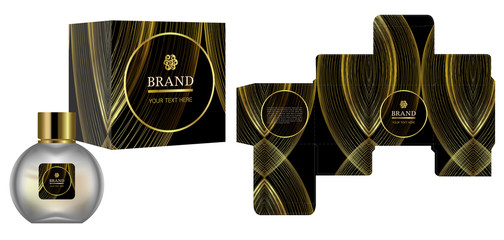 Packaging design, Label on cosmetic container with black and gold luxury box template and mockup box. illustration vector.