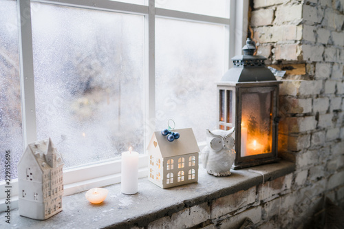 Vintage Christmas Decorations On Windowsill Candles
