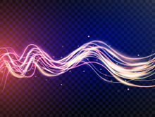 Futuristic Waves In Speed Motion. Blue And Violet Wavy Dynamic Lines With Sparkles On Transparent Background. Magic Light. Glowing Swirl Trail. Light Painting Effect. Vector Illustration