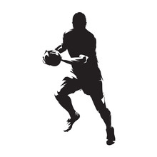 Rugby Player Running With Ball, Isolated Vector Silhouette,front View. Ink Drawing. Team Sport