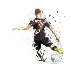 Wall Mural - Football player in black jersey kicking ball, abstract low poly vector drawing. Soccer, isolated geometric colorful illustration