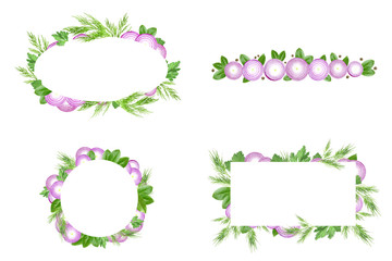 Wall Mural - Set of vegetables and herbs frame template. Card design. Sliced purple onion, dill, parsley and laurel leaves border isolated on a white background. An edible design for eco cookery business.