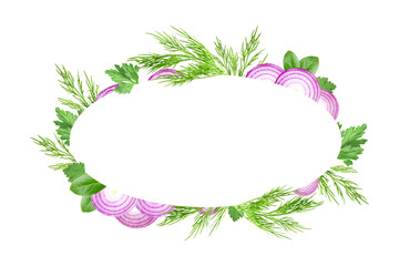 Wall Mural - An edible design for eco cookery business. Card design. Vegetables and herbs frame template. Purple sliced onion, dill, parsley and laurel leaves border isolated on a white background .