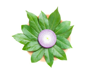 Wall Mural - An overhead photo of sliced purple onion and bay leaves like a flower isolated on white. Top view. Laurel leaves and various spices .