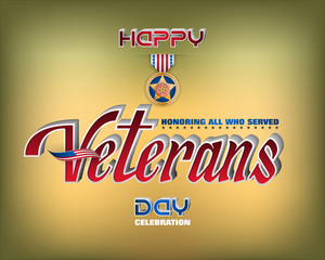 Holiday design, background with handwriting 3d texts military medal and national flag colors for U.S. Veterans day event, celebration; Vector illustration