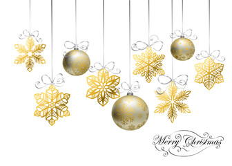 Wall Mural - Golden snowflake ornaments  and baubles on white background. Christmas illustration.