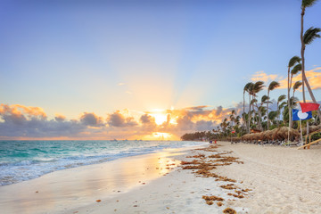 Sticker - Vacation in Dominican Republic. Sunset sandy beach