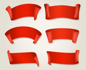 Wall Mural - retro red ribbons. silk or paper scarlet ribbon set isolated on background for banners or decorative
