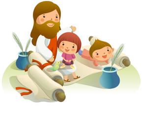 Jesus Christ with two children on a scroll