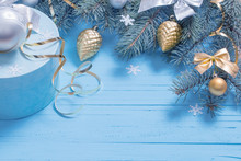 Christmas Decoration On Blue Wooden Background
