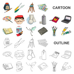 Wall Mural - Painter and drawing cartoon icons in set collection for design. Artistic accessories vector symbol stock web illustration.