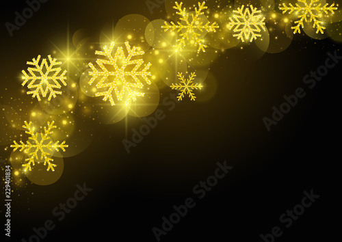 Black Christmas Greeting with Golden Snowflakes and Glowing Bokeh Glittering ...