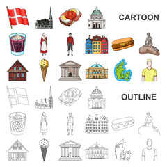 Wall Mural - Country Denmark cartoon icons in set collection for design. Travel and attractions Denmark vector symbol stock web illustration.