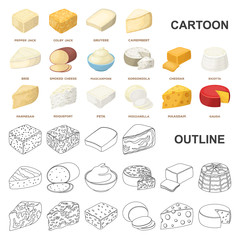 Wall Mural - Different kind of cheese cartoon icons in set collection for design.Milk product cheese vector symbol stock web illustration.