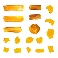 Wall Mural - Vector Golden Paint Brush Strokes, Different Shapes Isolated.