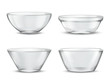 Vector 3d realistic transparent tableware, glass dishes for different food. Containers with shadows, tureens and crystal glassware with reflections. Clear bowls, translucent ceramic.
