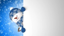 Funny Snowman In Blue Cap Greeting With Hand And Smiling On Snowfall Background. Beautiful 3d Cartoon Animation Green Screen Alpha Matte. Animated Greeting Card New Years Eve. 4k Ultra HD 3840x2160