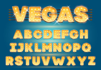Font with lamps. Gold Light Bulb, Broadway style. Glowing sparkles Alphabet Set. Template Cartoon Vector illustration for party poster or for circus, movie show, casino, cinema.