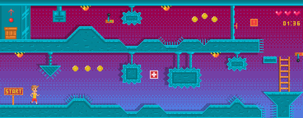 Pixel platformer with different obstruction. Background for game application.