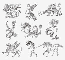 Set Of Mythological Animals. Mermaid Minotaur Unicorn Chinese Dragon Cerberus Harpy Sphinx Griffin Mythical Basilisk Roc Woman Bird. Greek Creatures. Engraved Hand Drawn Antique Old Vintage Sketch.