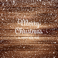 Aufkleber - Snow with snowflakes on wood. Winter background for Christmas or New Year holidays. Falling snow effect. Frost storm, snowfall, ice.