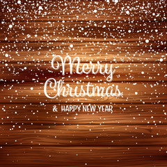 Aufkleber - Snow with snowflakes on wood. Winter background for Christmas or New Year holidays. Falling snow effect. Frost storm, snowfall, ice.