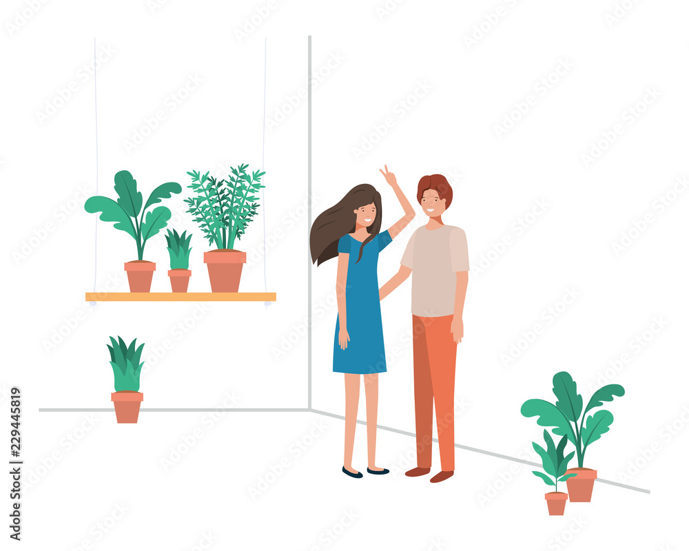 young couple with house plant avatar character - obrazy, fototapety, plakaty 