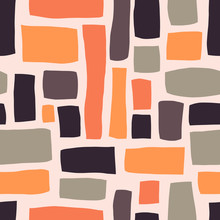 Rectangle Shapes Hand Drawn Abstract Seamless Vector Pattern. Purple, Orange, Gray Blocks On Light Pink Background. Fall Autumn Color Background. For Fabric, Web Banner, Page Fills, Paper, Wallpaper