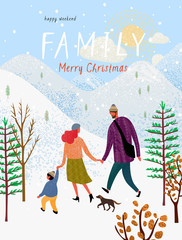 Wall Mural - happy family in winter, vector illustration of a loving family in nature outdoors, mom, dad, child and dog walk among the mountains, trees and fir trees, cute postcard for Christmas and New Year