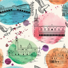 Seamless Pattern With Venice Landmarks And Tourist Attractions Set.