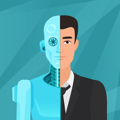 Half cyborg, half human man businessman in suit vector illustration.