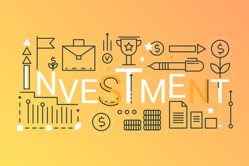 Poster - Investment word trendy composition concept banner. Outline stroke business, finance, strategic management, consulting, teamwork. Flat line icons lettering typography.