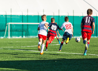 Junior football match. Soccer game for youth players. Boys in blue and white uniform playing soccer match. Football stadium and grassy field in the background