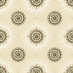 Wall Mural - Seamless vintage compass pattern. Vector illustration in retro woodcut style with clipping mask.