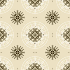  Seamless vintage nautical compass rose pattern. Vector illustration in retro woodcut style with clipping mask.